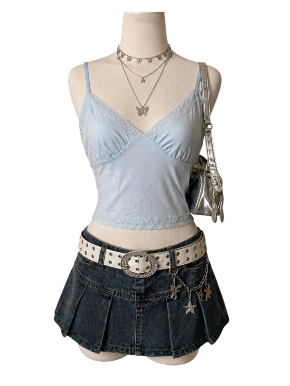 Womens Y2K Babydoll Fairy Satin Lace Cropped‎ Top XXL Coquette Light Blue